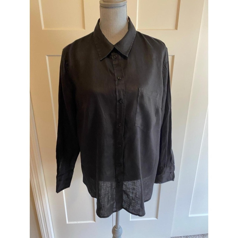 H&M Linen Top Button Up Longsleeve Blouse Women Large Black R1